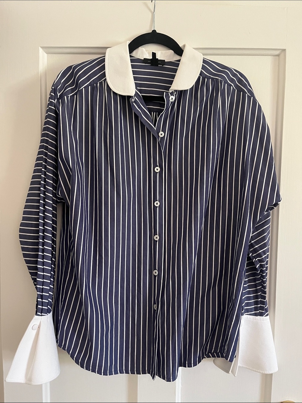 Striped Navy Button-Down Shirt with Contrast White Collar French cuffs oversized - Picture 10 of 13